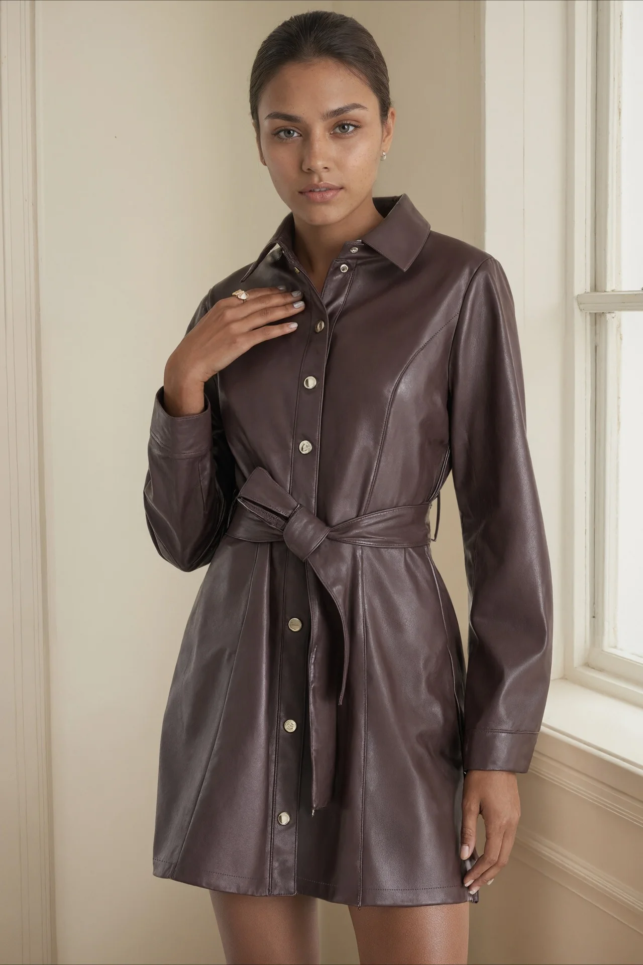 Faux Leather Belted Mid-Length Long Sleeve Trench Coat - Image 2