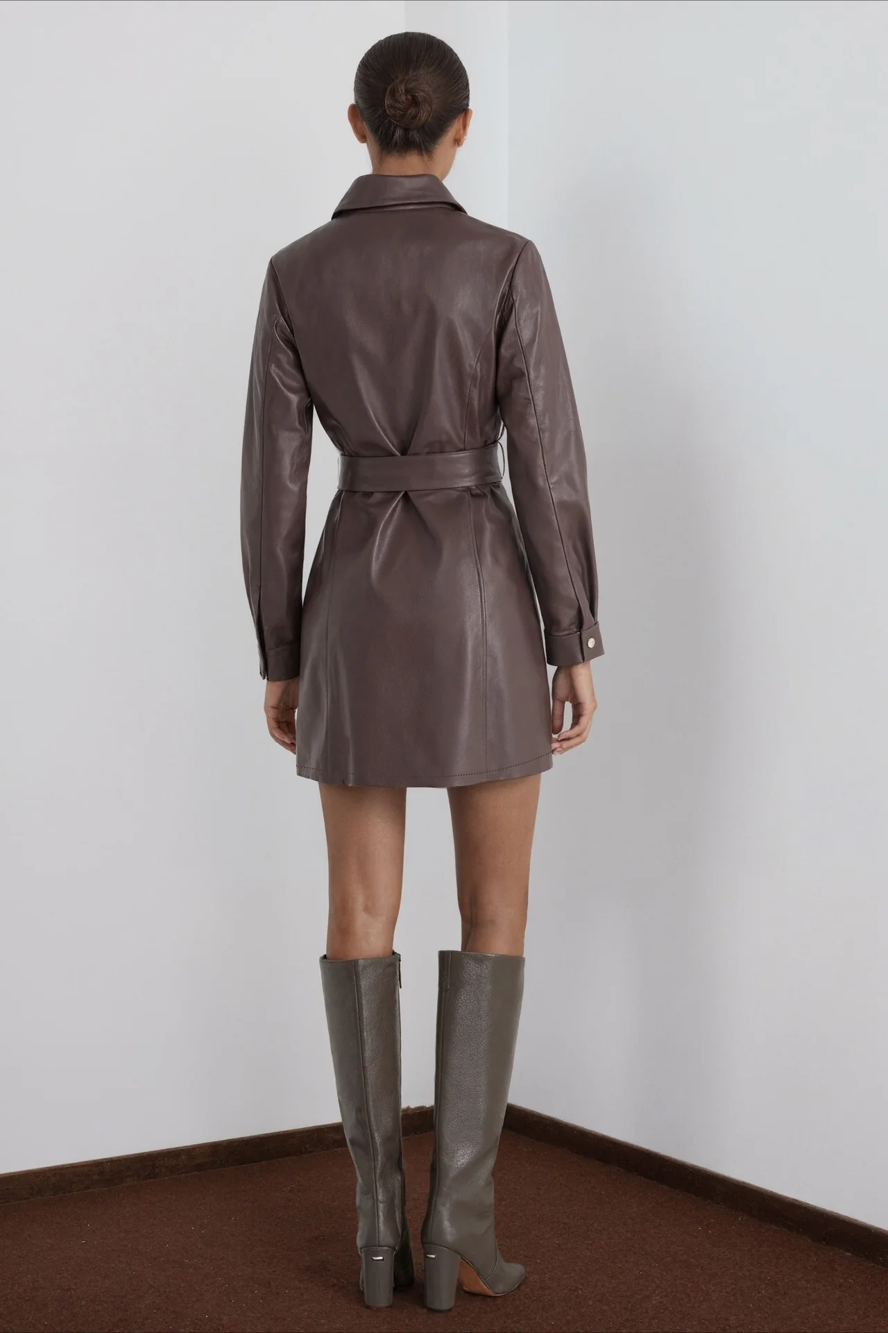 Faux Leather Belted Mid-Length Long Sleeve Trench Coat - Image 3