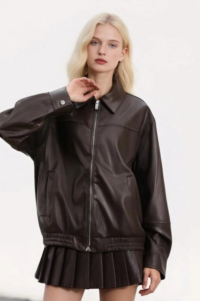 Faux Leather Collared Zip Casual Jacket - Image 2