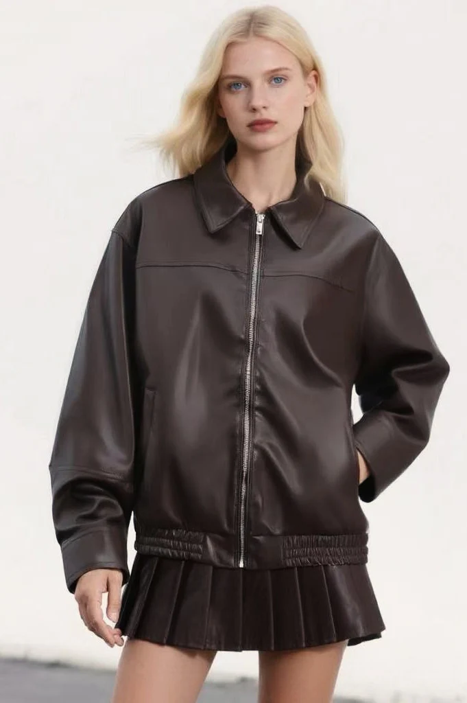 Faux Leather Collared Zip Casual Jacket - Image 3