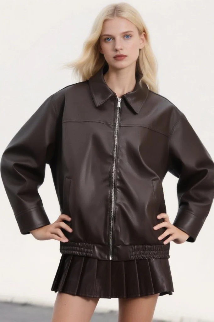Faux Leather Collared Zip Casual Jacket - Image 4