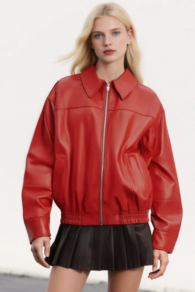 Faux Leather Collared Zip Casual Jacket - Image 5