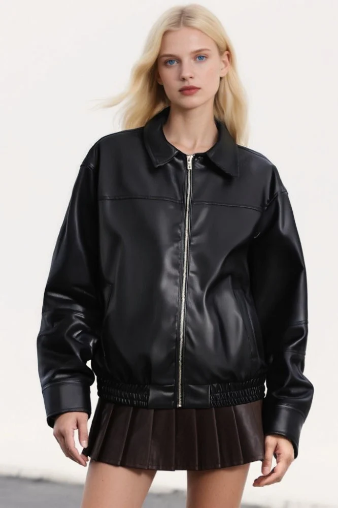 Faux Leather Collared Zip Casual Jacket - Image 6