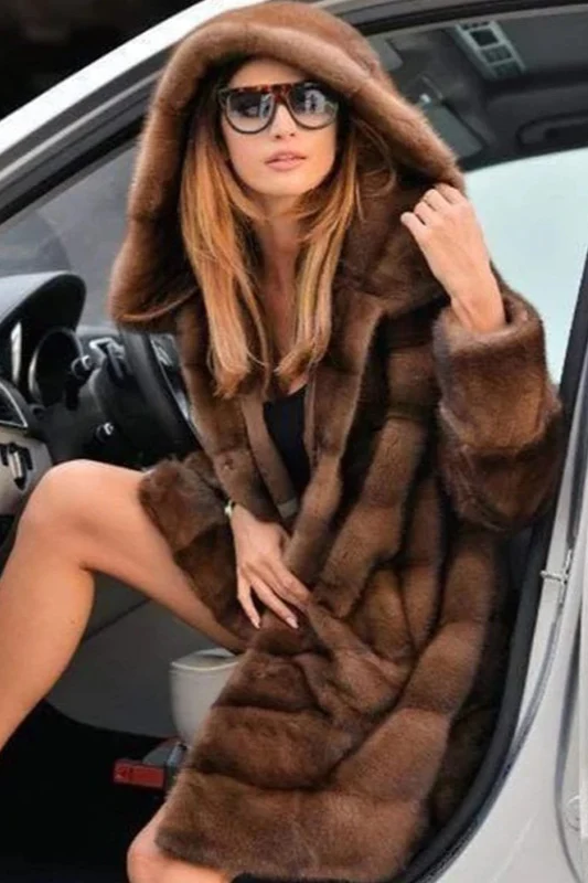 Faux Mink Fur Hooded Mid-Length Plus Size Loose Coat - Image 2