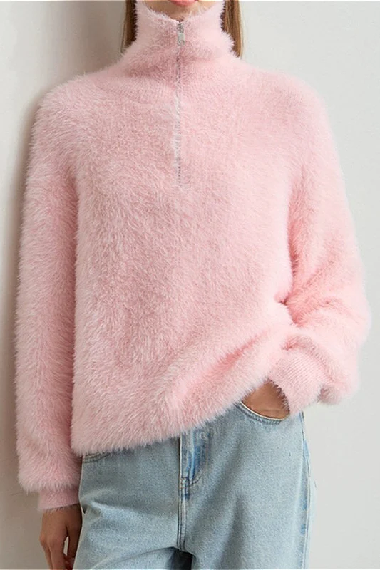 Faux Mink Slouchy Turtleneck Zip-Front Sweater - Image 2