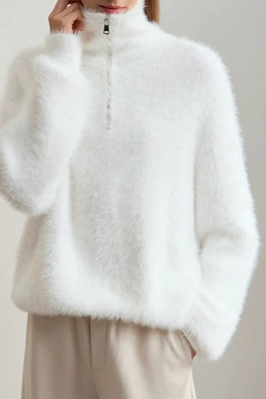 Faux Mink Slouchy Turtleneck Zip-Front Sweater - Image 6