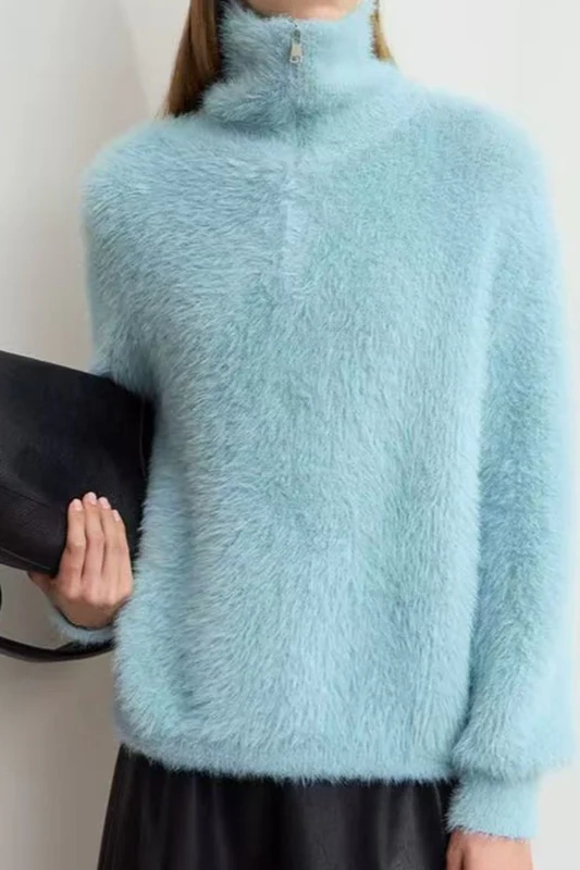 Faux Mink Slouchy Turtleneck Zip-Front Sweater - Image 7