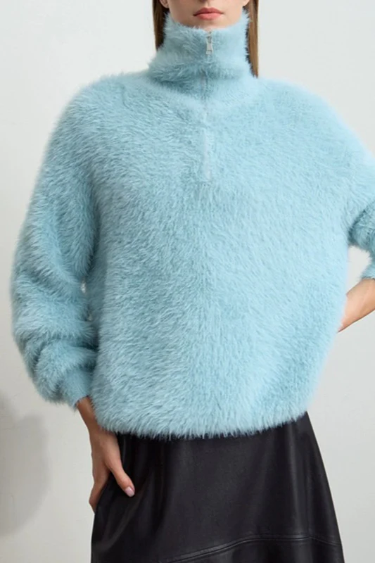 Faux Mink Slouchy Turtleneck Zip-Front Sweater - Image 8