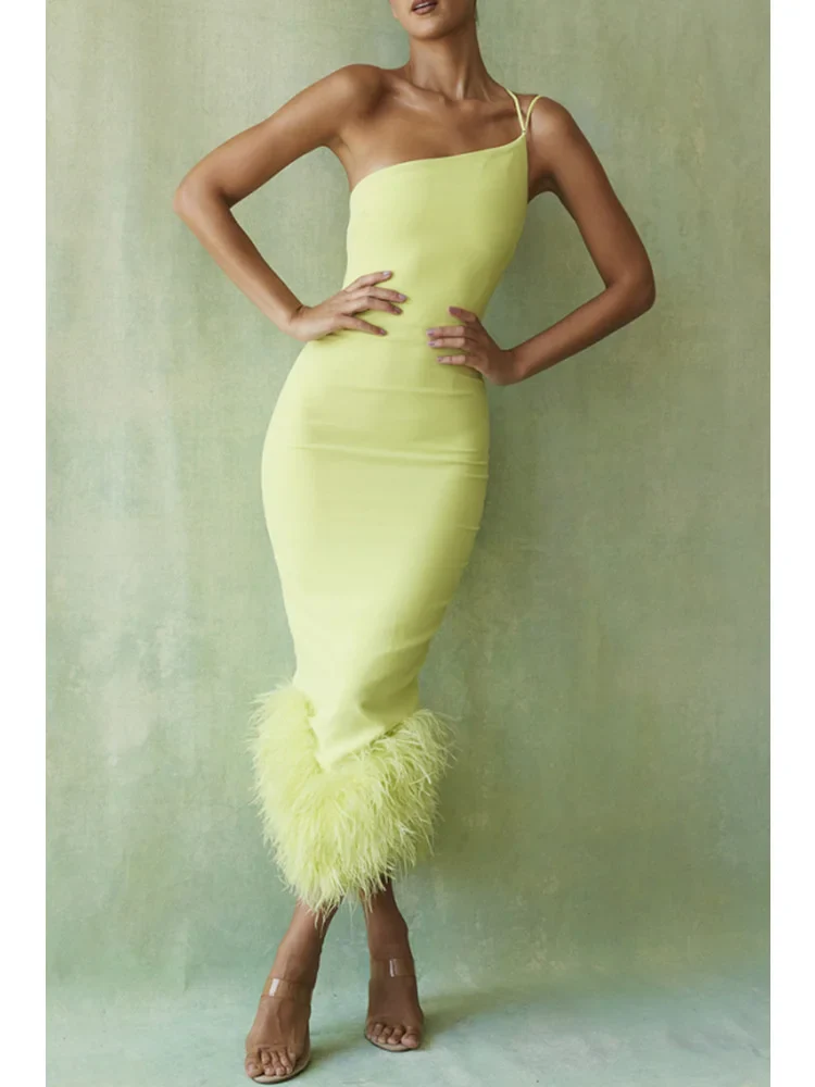 Feather Strap Backless Midi Dress