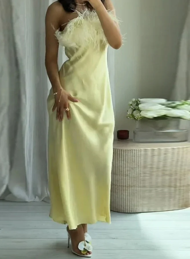 Feather Strapless Satin Yellow Midi Dress - Image 2