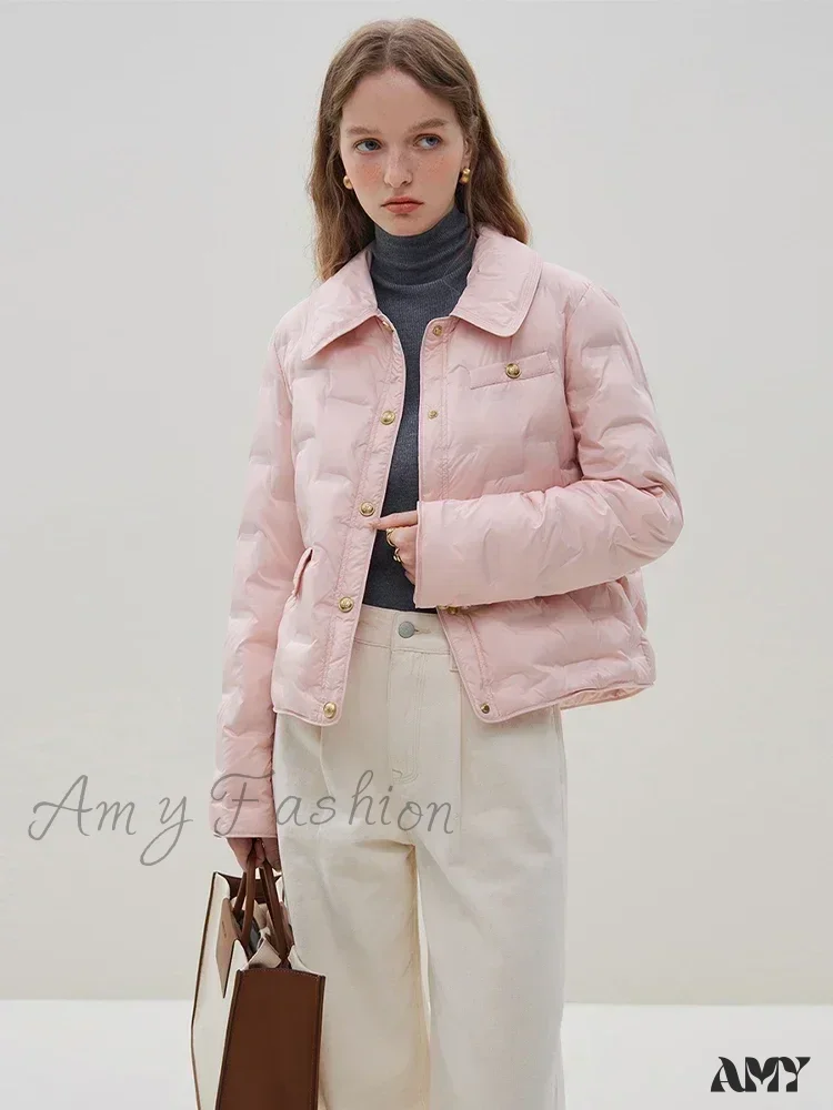 Filling Capacity Lightweight Thin Pink Short Down Shirt Style Coat - Image 2