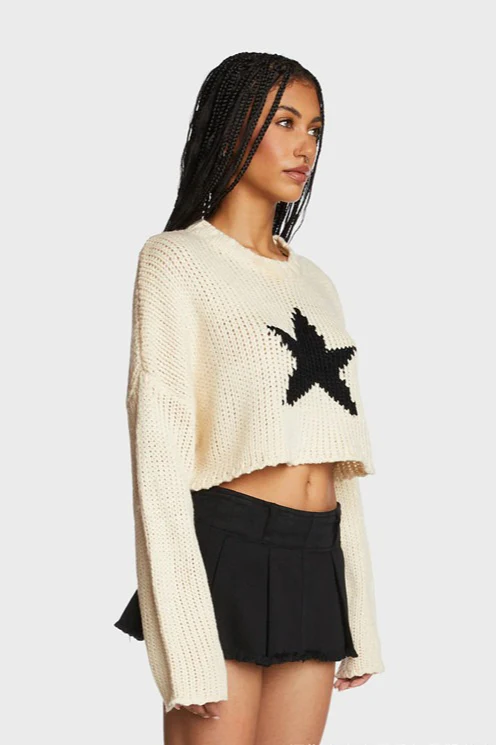 Five-Point Star Crop Crew Neck Knit Sweater - Image 2