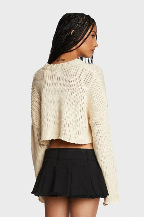Five-Point Star Crop Crew Neck Knit Sweater - Image 3