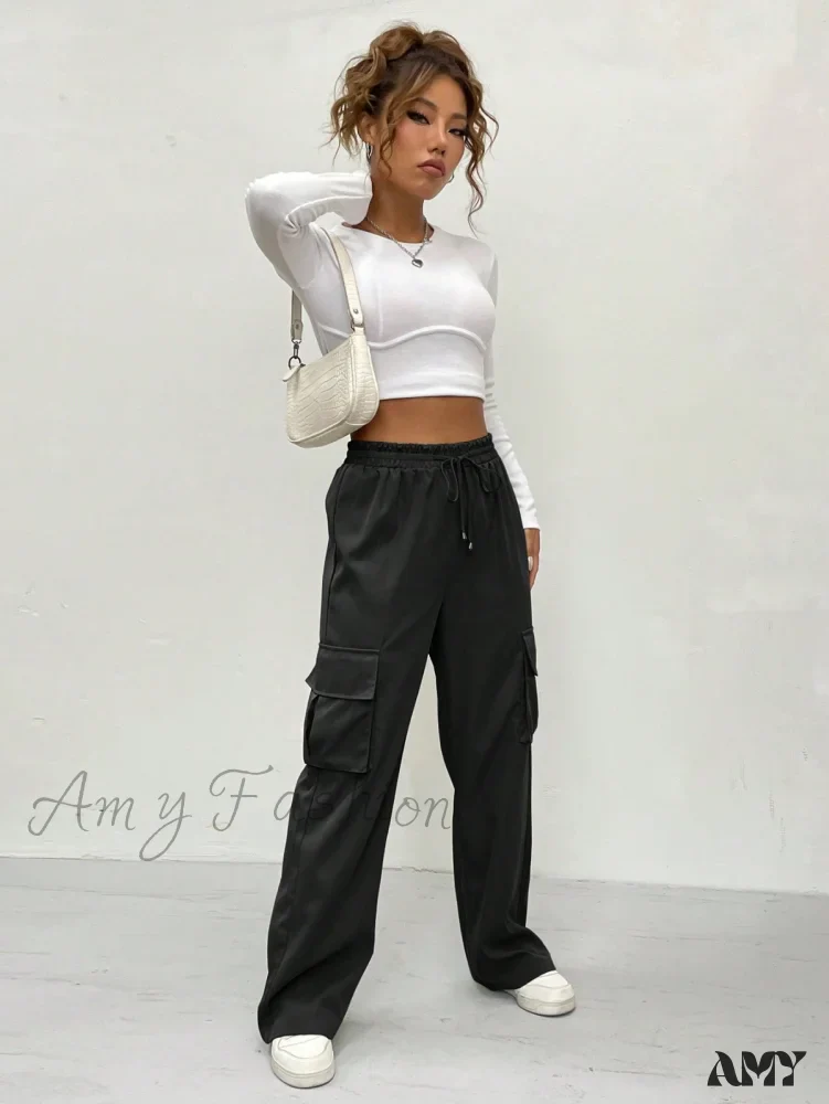 Amy Fashion - Flap Pocket Side Drawstring Waist Cargo Pants - Image 5