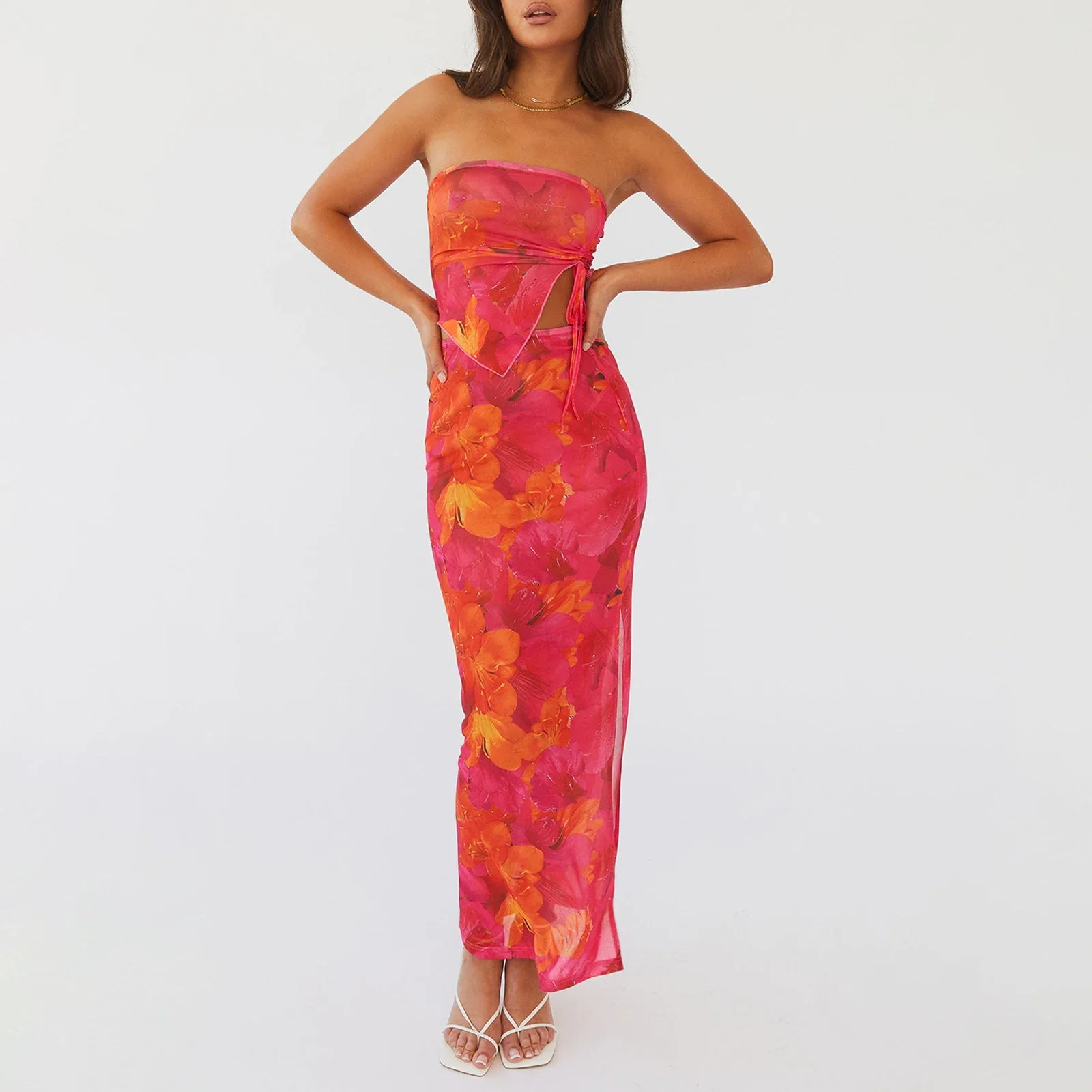 Floral Bandeau Bodycon Skirt Two Piece Set - Image 2