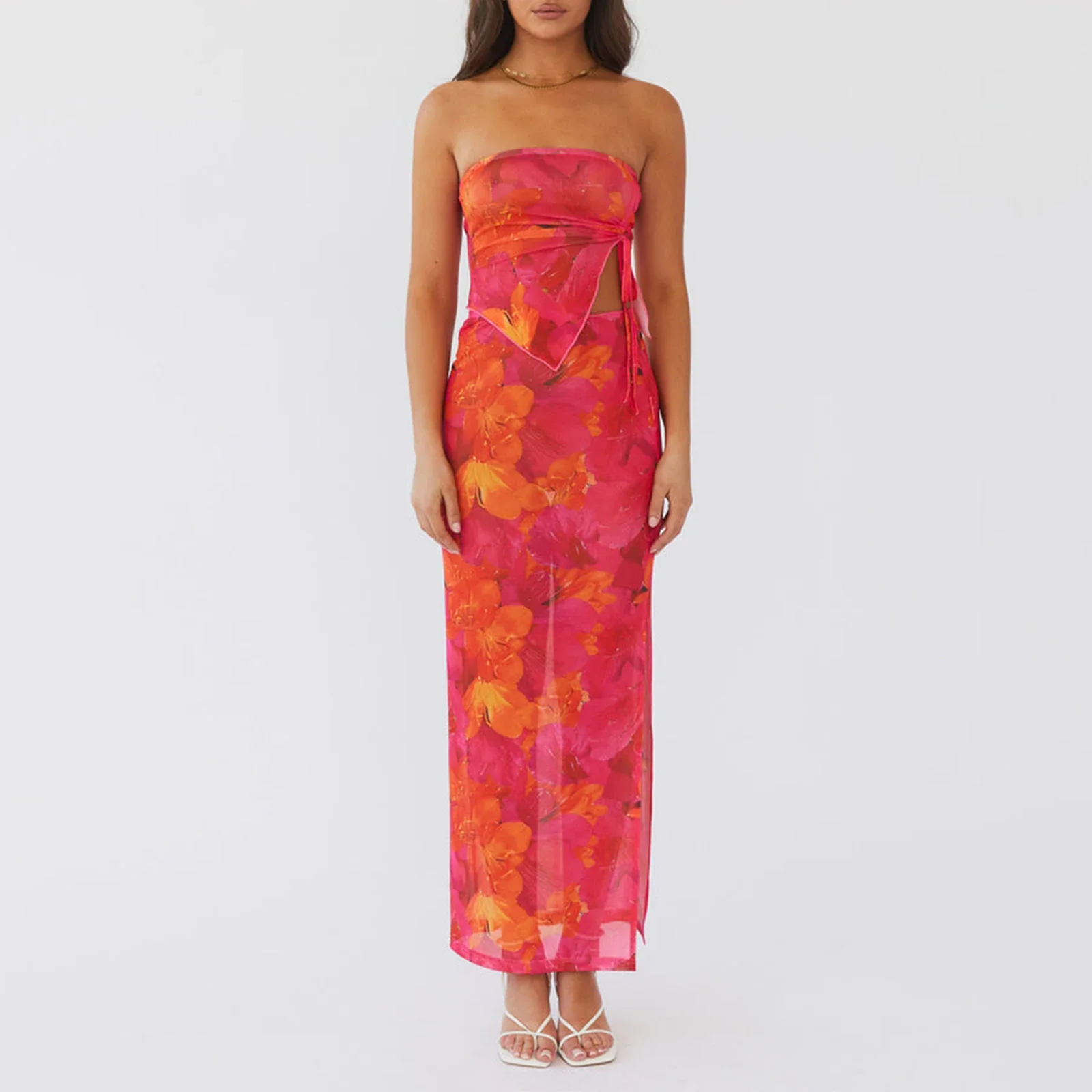 Floral Bandeau Bodycon Skirt Two Piece Set - Image 3