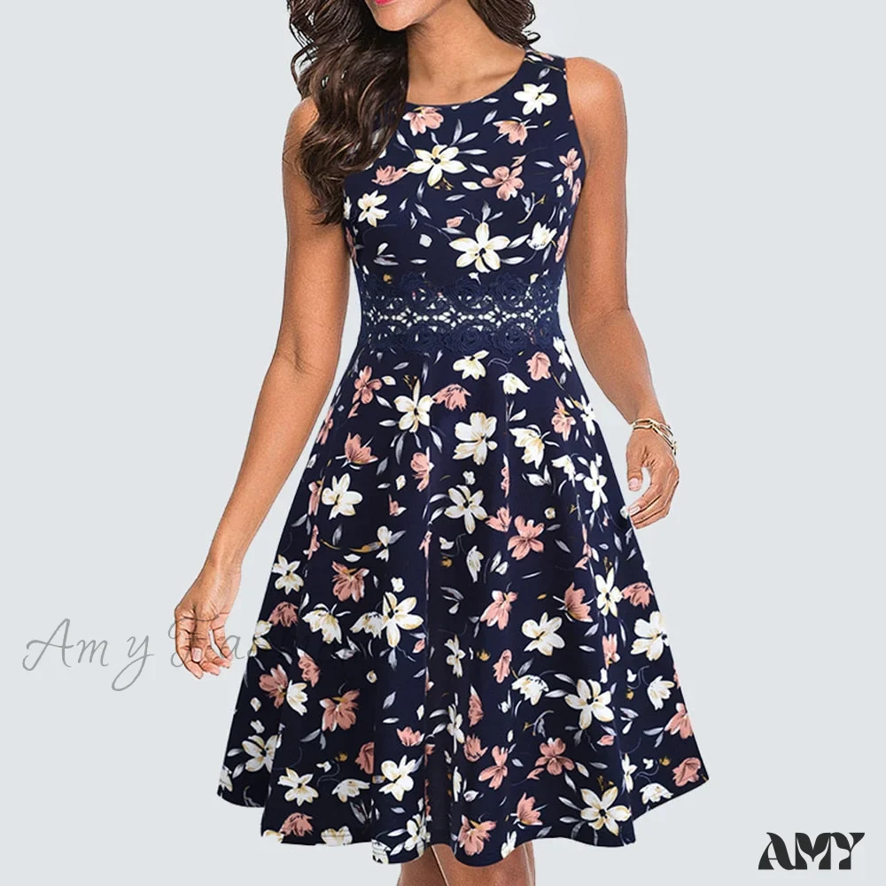 Amy Fashion - Floral Lace Patchwork Sleeveless Tunic Party Swing Dress