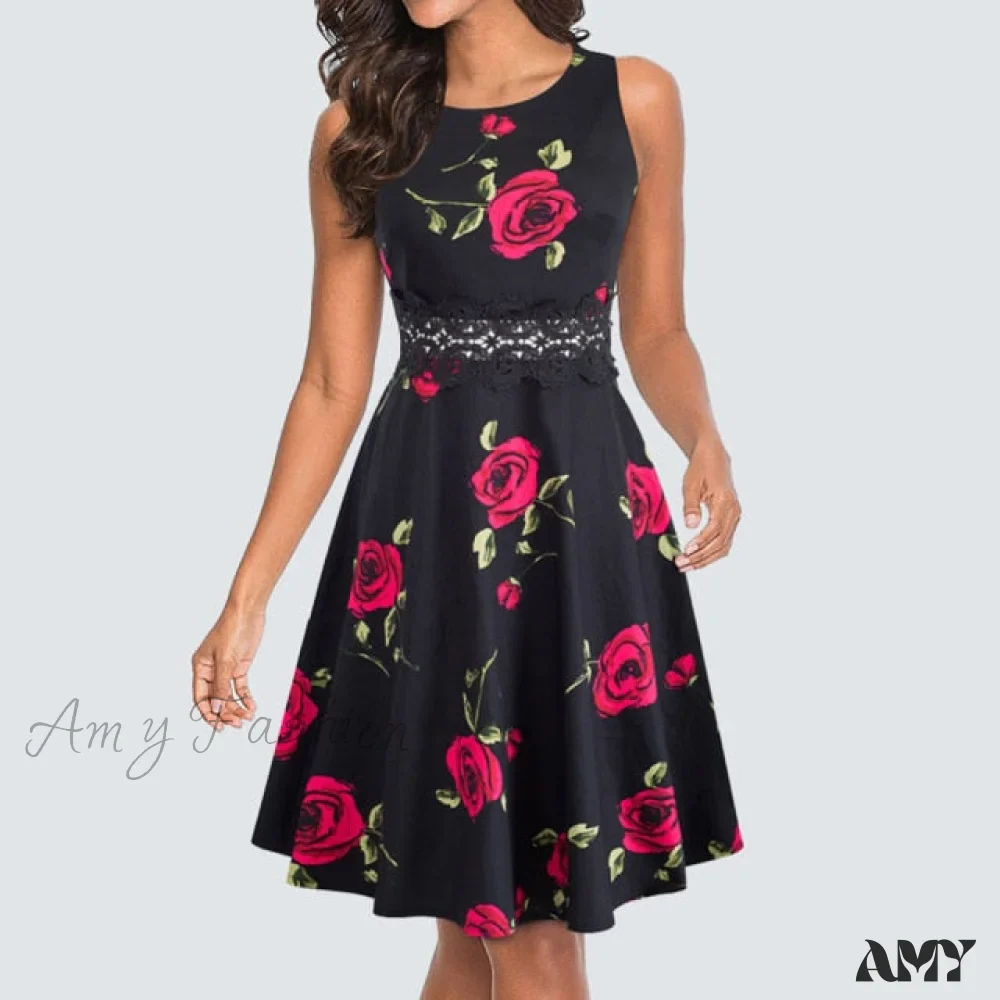 Amy Fashion - Floral Lace Patchwork Sleeveless Tunic Party Swing Dress - Image 12