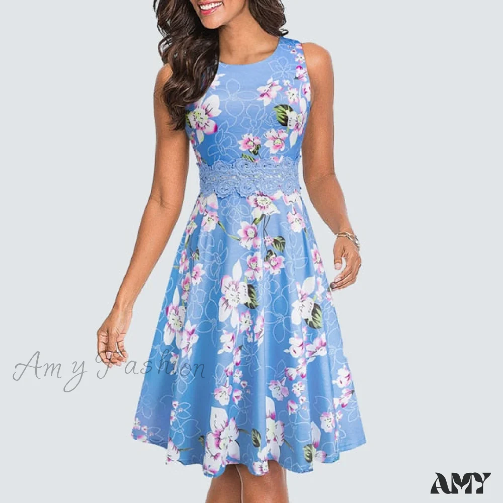 Amy Fashion - Floral Lace Patchwork Sleeveless Tunic Party Swing Dress - Image 17
