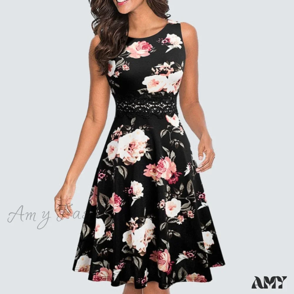 Amy Fashion - Floral Lace Patchwork Sleeveless Tunic Party Swing Dress - Image 20
