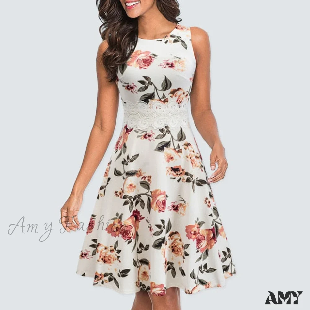 Amy Fashion - Floral Lace Patchwork Sleeveless Tunic Party Swing Dress - Image 24