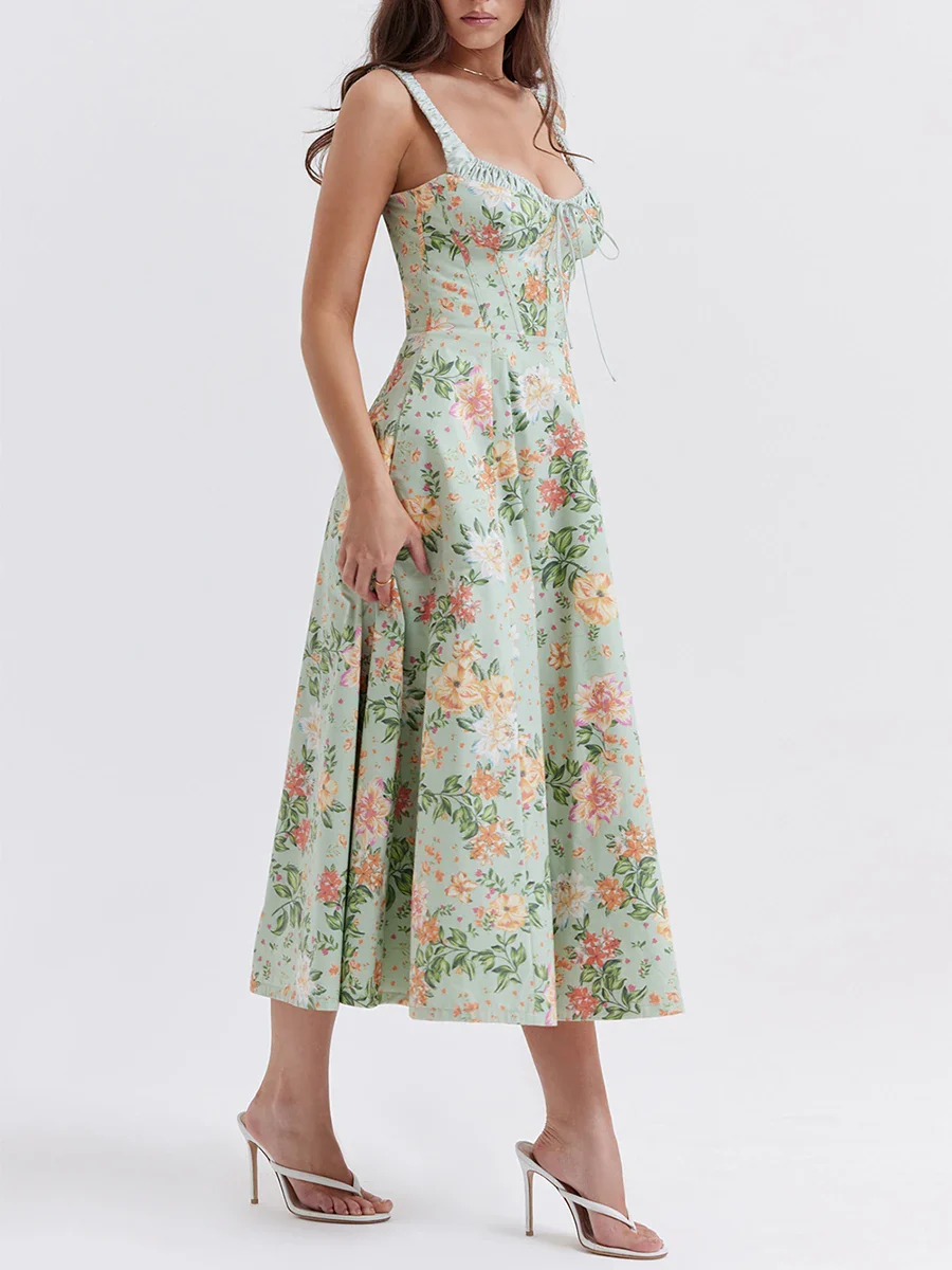 Floral Low-Cut Sling Backless Midi Dress - Image 3