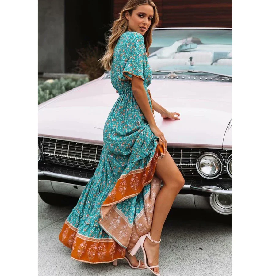 Floral Print Deep V Neck Loose Hippie Maxi Boho Dress - Image 2