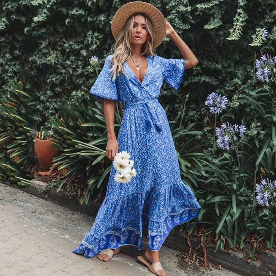 Floral Print Deep V Neck Loose Hippie Maxi Boho Dress - Image 3