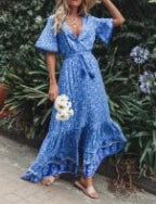 Floral Print Deep V Neck Loose Hippie Maxi Boho Dress - Image 4