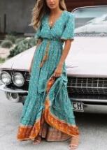 Floral Print Deep V Neck Loose Hippie Maxi Boho Dress - Image 5