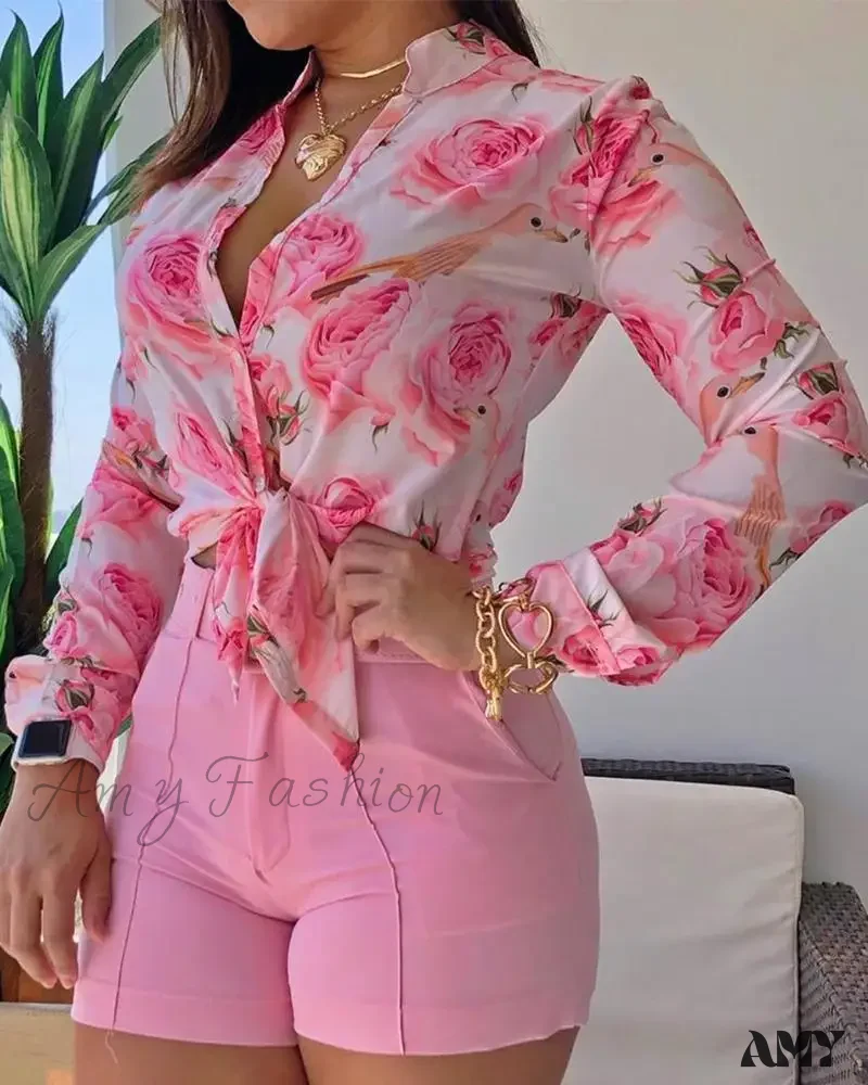 Floral Printed Tie Knot Top and Shorts Sets Blouse