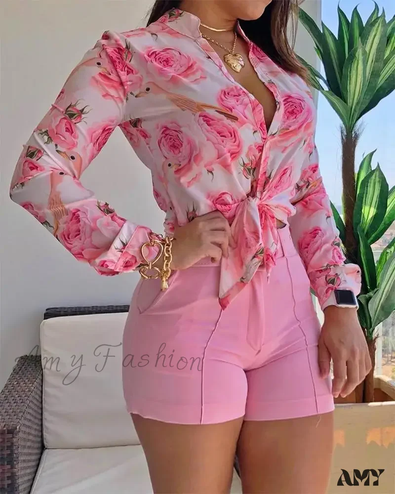 Floral Printed Tie Knot Top and Shorts Sets Blouse - Image 2