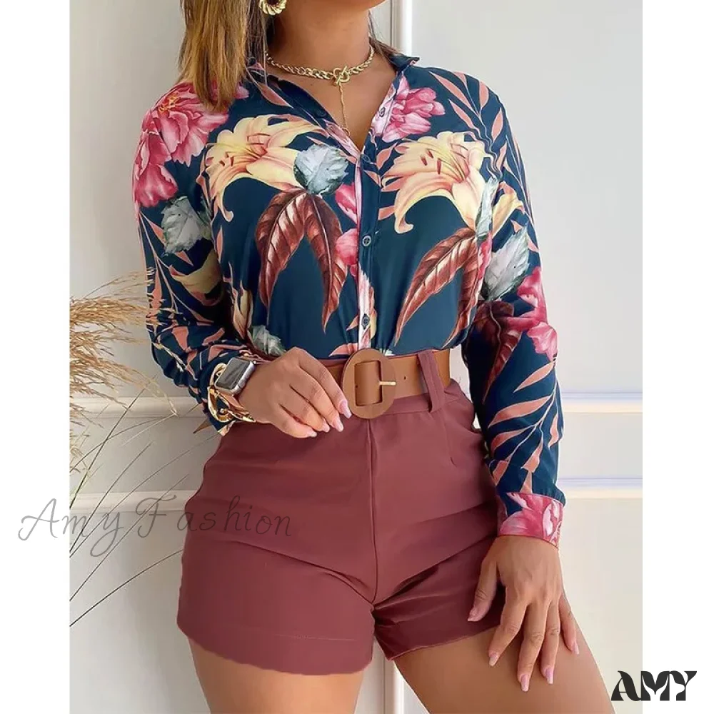 Floral Printed Tie Knot Top and Shorts Sets Blouse - Image 4