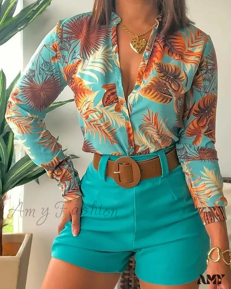 Floral Printed Tie Knot Top and Shorts Sets Blouse - Image 5