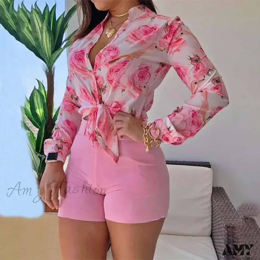 Floral Printed Tie Knot Top and Shorts Sets Blouse - Image 6