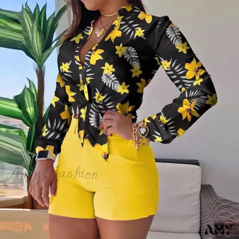 Floral Printed Tie Knot Top and Shorts Sets Blouse - Image 7
