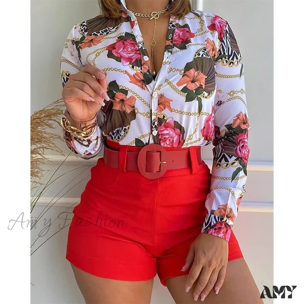 Floral Printed Tie Knot Top and Shorts Sets Blouse - Image 8