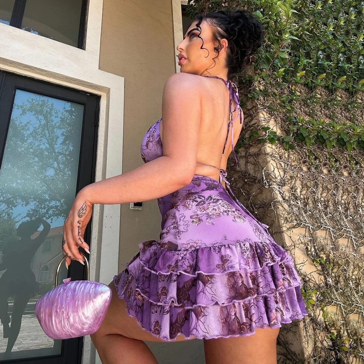 Floral Ruffles Backless Halter Mini Dress - Image 3