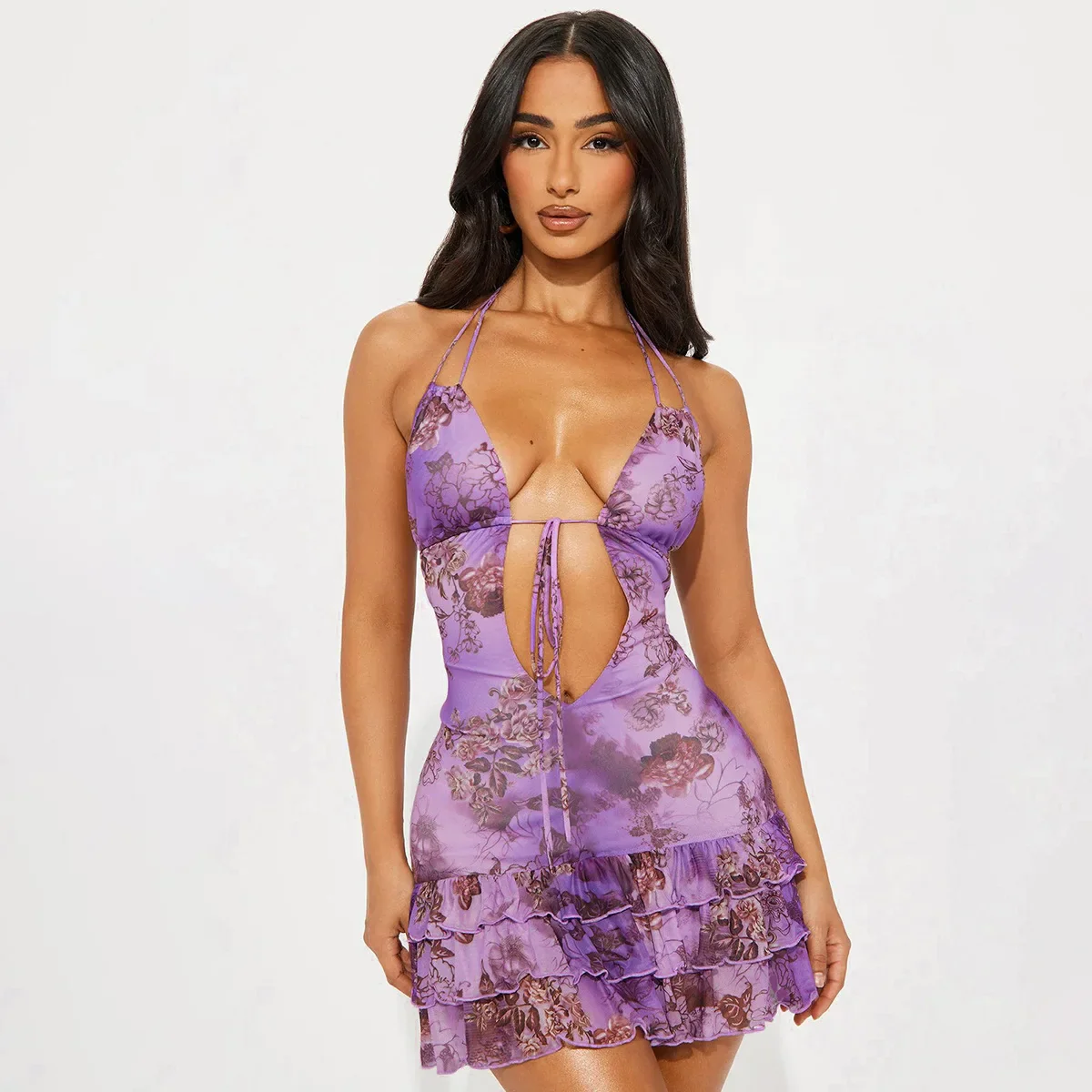 Floral Ruffles Backless Halter Mini Dress - Image 4