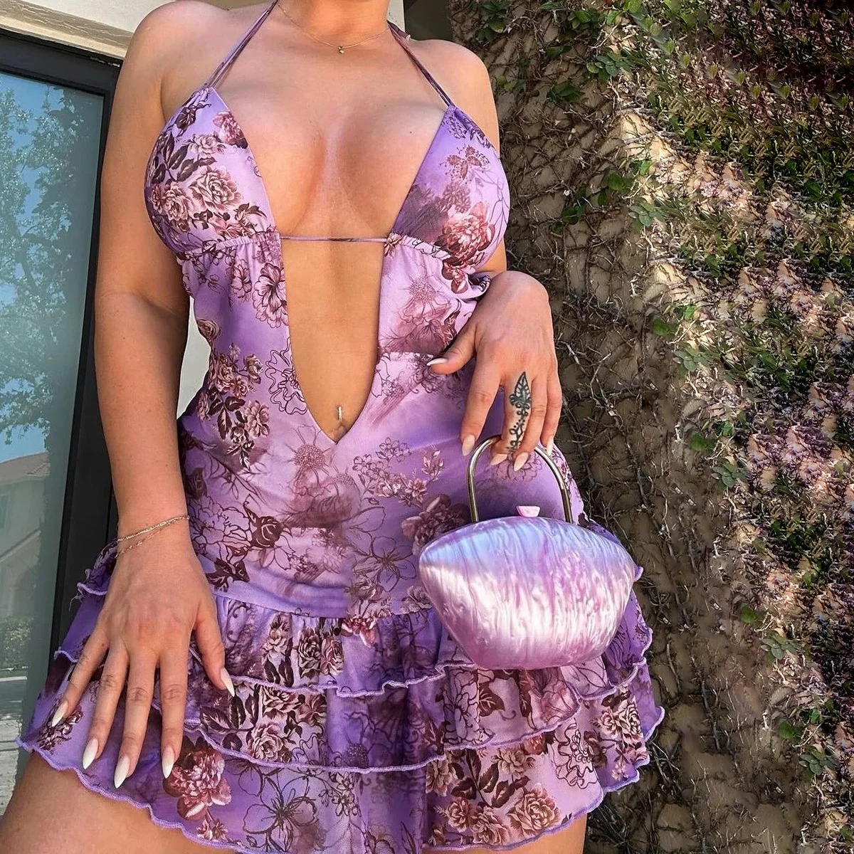 Floral Ruffles Backless Halter Mini Dress - Image 5