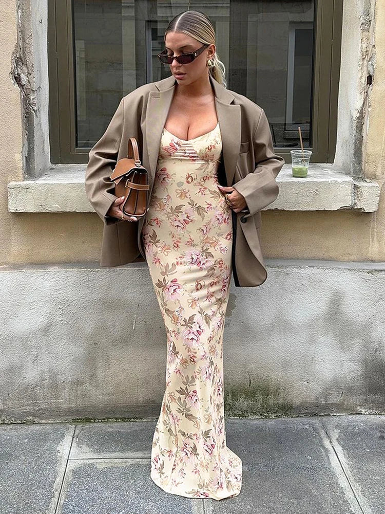 Floral Slit Suspender Plunge Maxi Dress - Image 2
