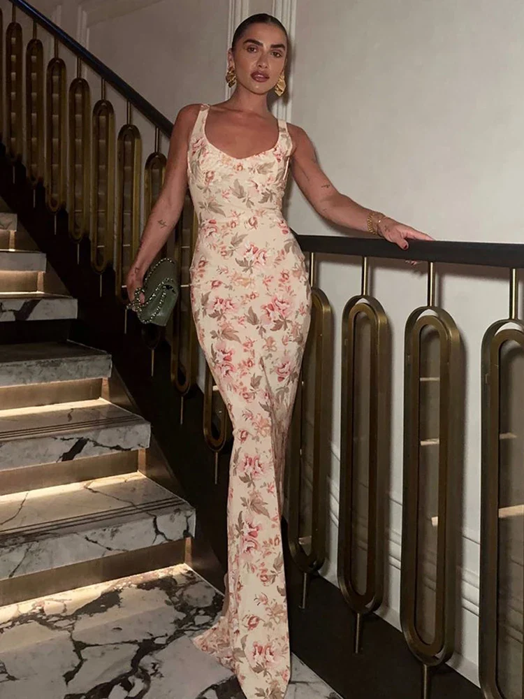 Floral Slit Suspender Plunge Maxi Dress - Image 3
