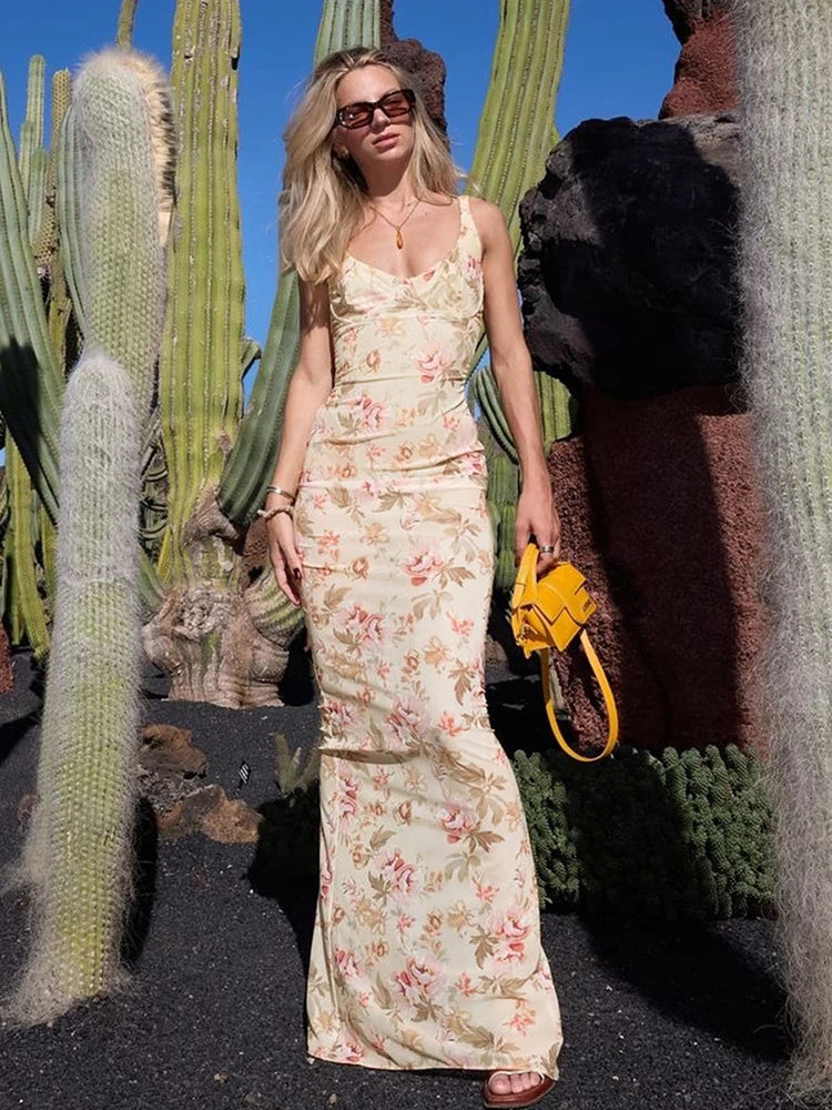 Floral Slit Suspender Plunge Maxi Dress - Image 4