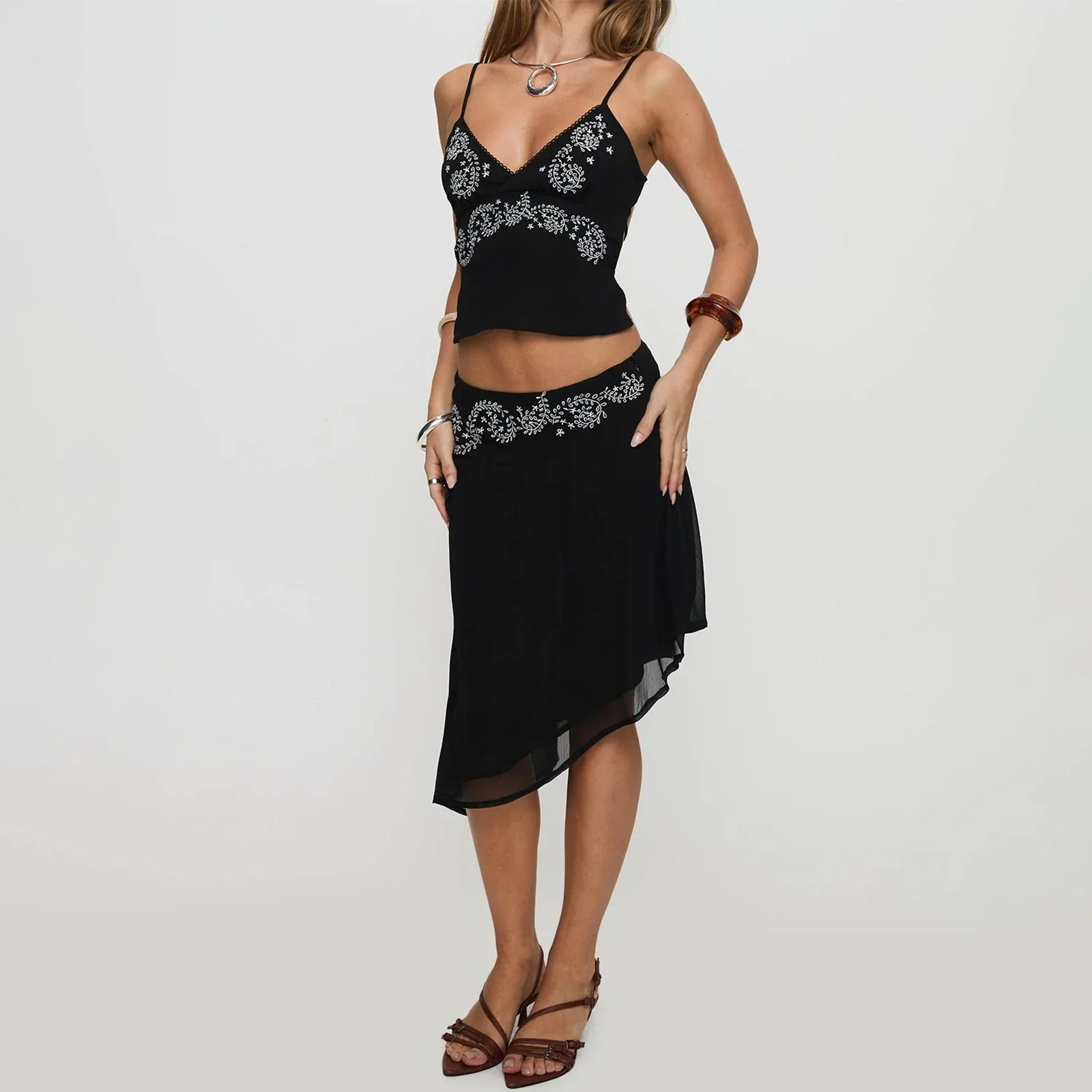 Floral V Neck Cami Midi Skirt Two Piece Set - Image 5