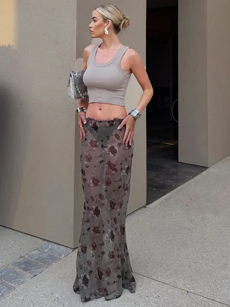 Flower Print See Through Long Skirt - Image 2