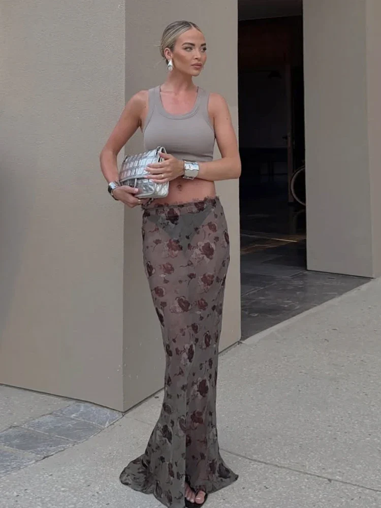 Flower Print See Through Long Skirt - Image 3