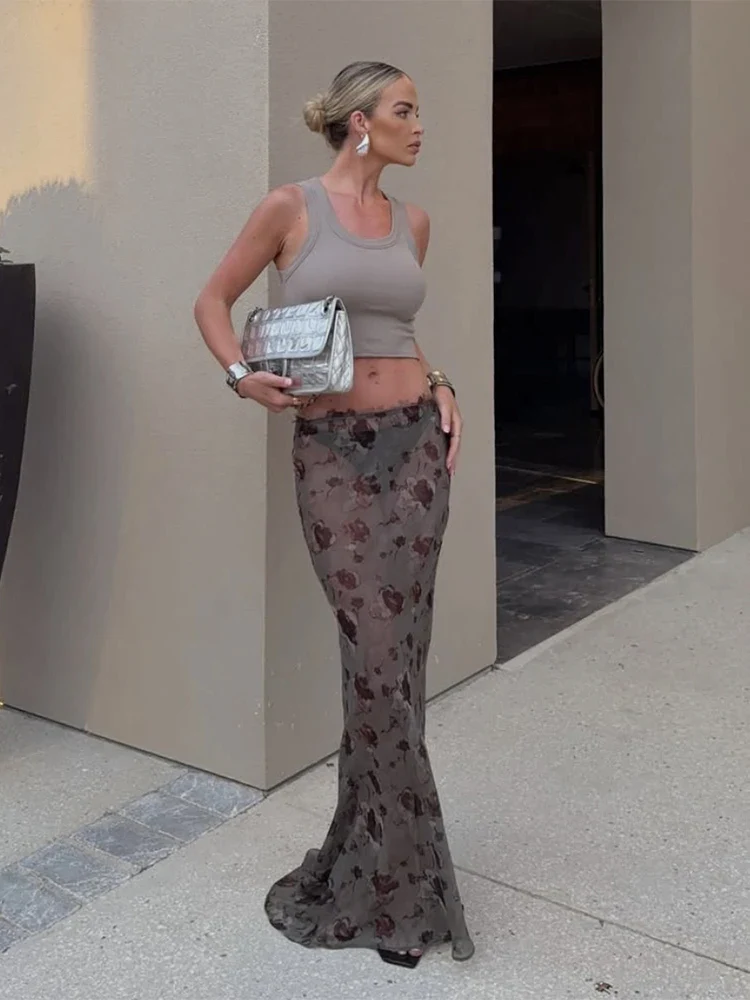 Flower Print See Through Long Skirt - Image 4