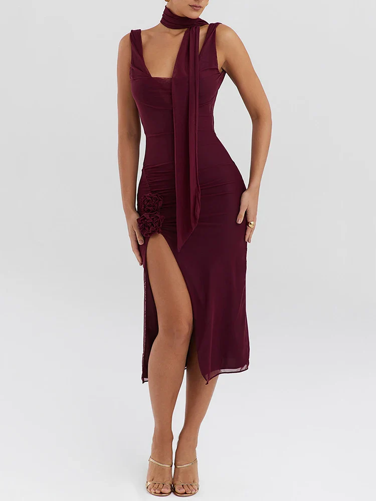 Flower Split Mesh Midi Dress