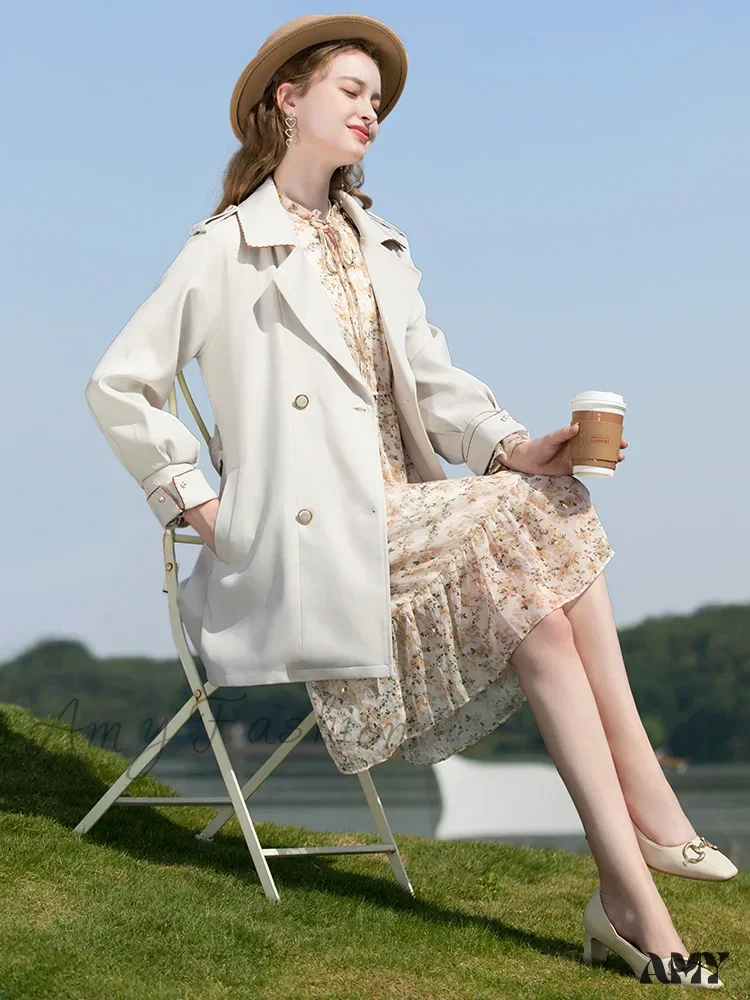 French Gentle Mid Long Casual Solid Office Lady Windbreaker Coat - Image 4