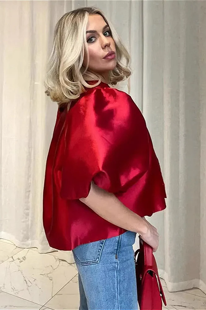French Style Short Satin Balloon Sleeve Blouse - Image 2